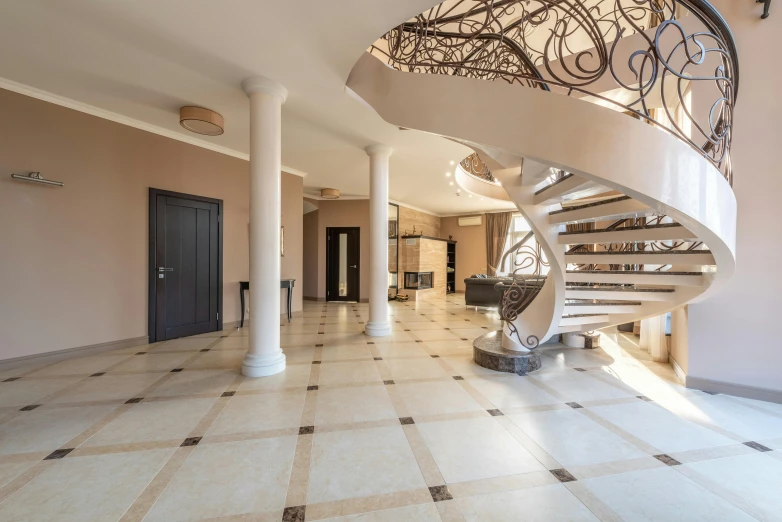 a spiral staircase in the middle of a room, ivory and black marble, professional master piece, nikolay, steel archways