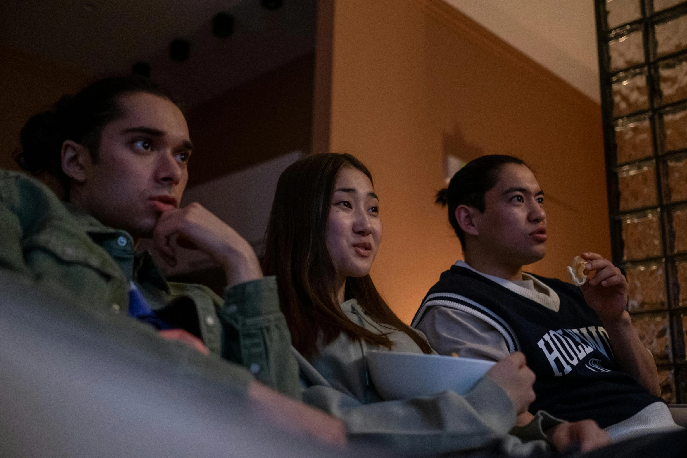 a group of people sitting next to each other, close up to the screen, andrew thomas huang, looking away from camera, full body image