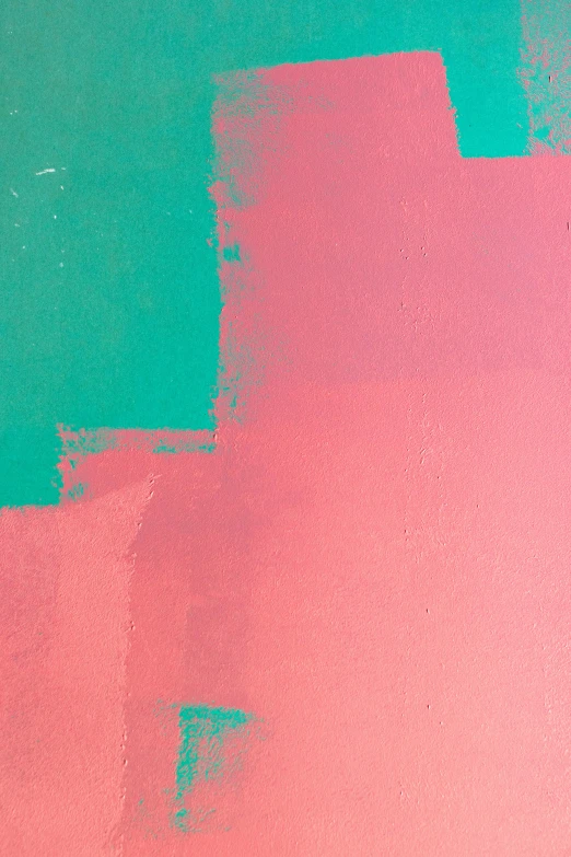 a pink and blue painting on a wall, inspired by John Hoyland, unsplash, detail, viridian and venetian red, teal paper, ((pink))