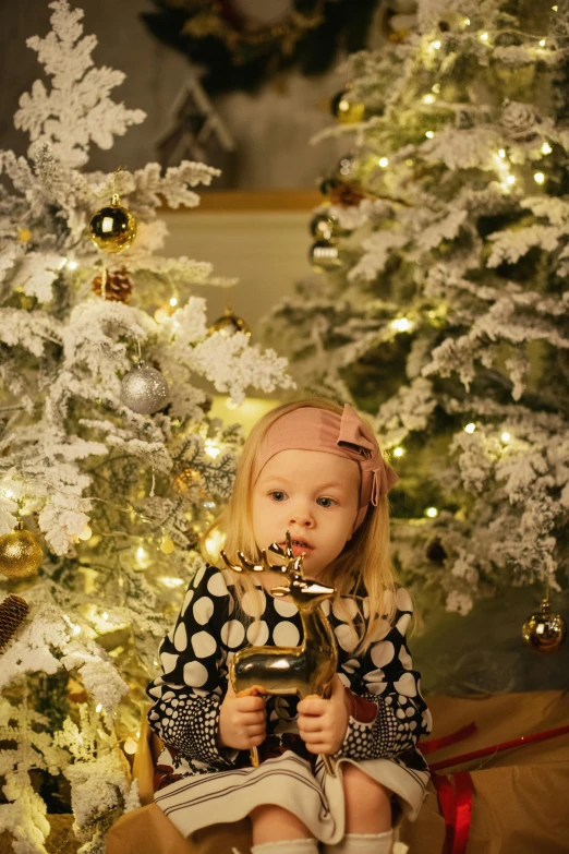 a little girl sitting in front of a christmas tree, holding a torch, gold dappled lighting, eva elfie, high quality photo