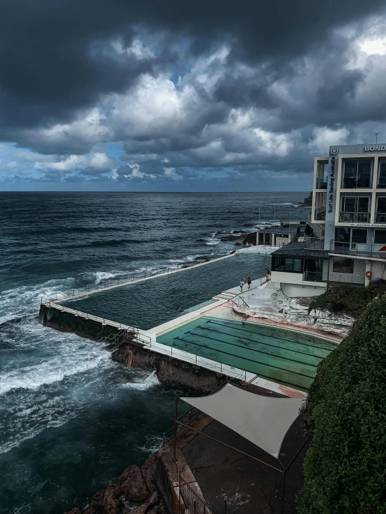 a pool sitting on top of a cliff next to the ocean, ominous skies, sydney, slide show, grey