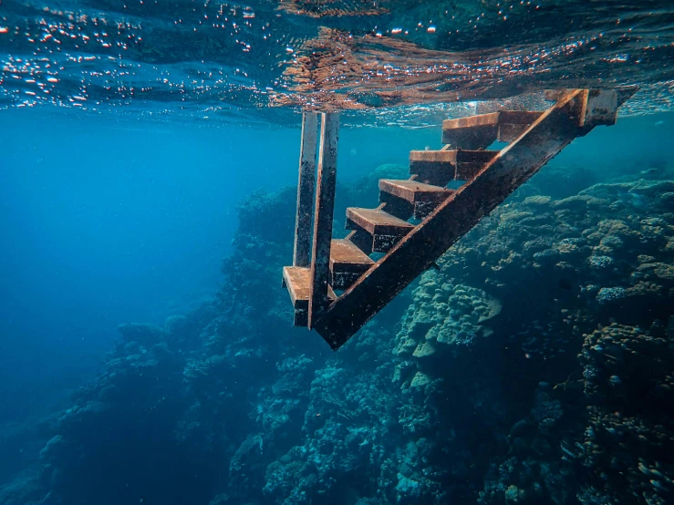 a set of stairs going up into the water, an album cover, by Jessie Algie, unsplash contest winner, elegant coral sea bottom, egypt, olympic diving springoard, wooden stairs