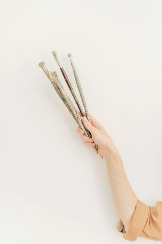 a woman holding a bunch of sticks in her hand, unsplash, visual art, long paint brush strokes, on white background, detailed product image, panels