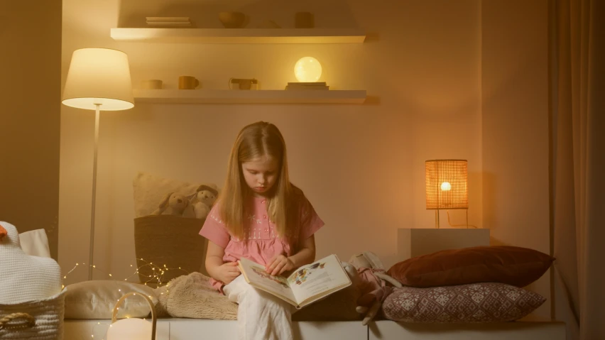 a little girl sitting on a bed reading a book, inspired by Henry Ossawa Tanner, pexels contest winner, light and space, led lamps, ambient lighting from top, cosy atmosphere, in a living room