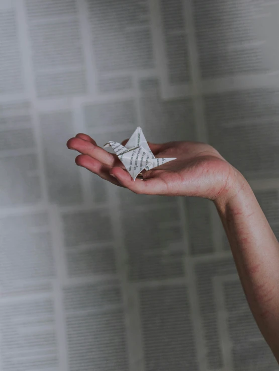 a person holding a piece of paper in their hand, by Alice Mason, unsplash, modular origami, newspaper style, with stars, bird view