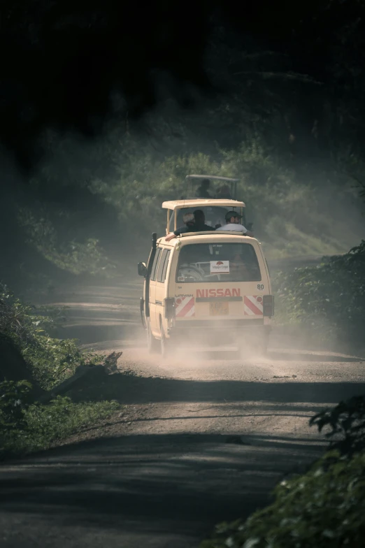 a van driving down a dirt road in the dark, unmistakably kenyan, thunder in the foggy jungle, strong sunlight, lpoty