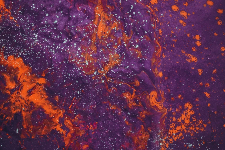 a close up of a purple and orange painting, space art, splattered goo, view from far away, platinum, julia sarda