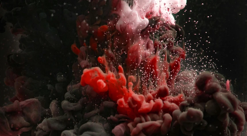 a close up of a red substance in water, an airbrush painting, inspired by Kim Keever, pexels, an orgy of colorful, alessio albi, pink angry bubble, red and white and black colors