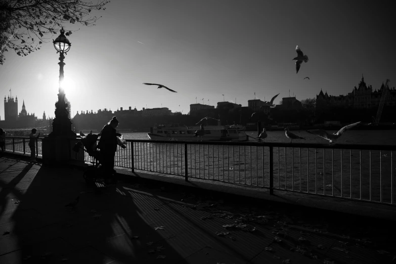 a couple of people standing on a sidewalk next to a body of water, a black and white photo, by Tamas Galambos, pexels contest winner, birds flying in the sunlight, river thames, river with low flying parrots, silhouette of a man