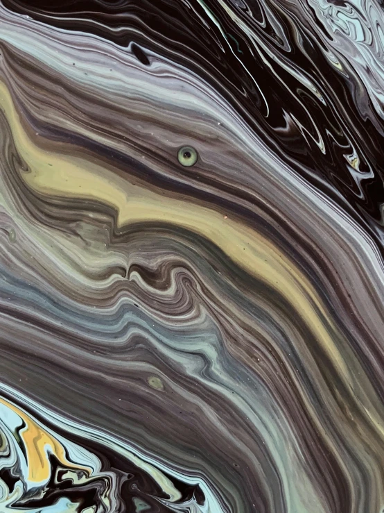 a close up of a painting of a wave, an abstract painting, inspired by Kay Sage, trending on pexels, brown water, iridescent soapy bubbles, marbling effect, surreal black and yellow
