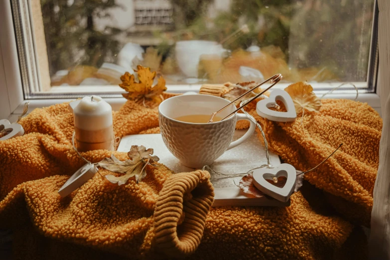 a cup of tea sitting on top of a window sill, a still life, trending on pexels, 🍂 cute, covered with blanket, thumbnail, orange and white