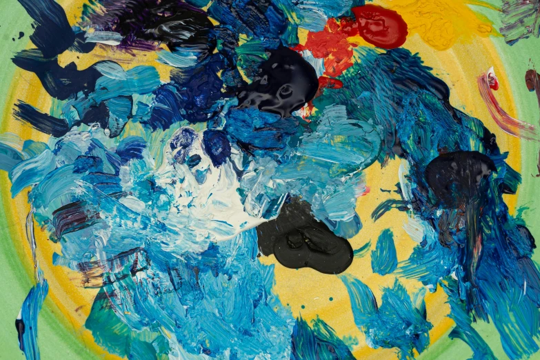 a close up of a painting on a plate, inspired by Karel Appel, yellow and blue and cyan, swirling scene, closeup - view, daniel richter