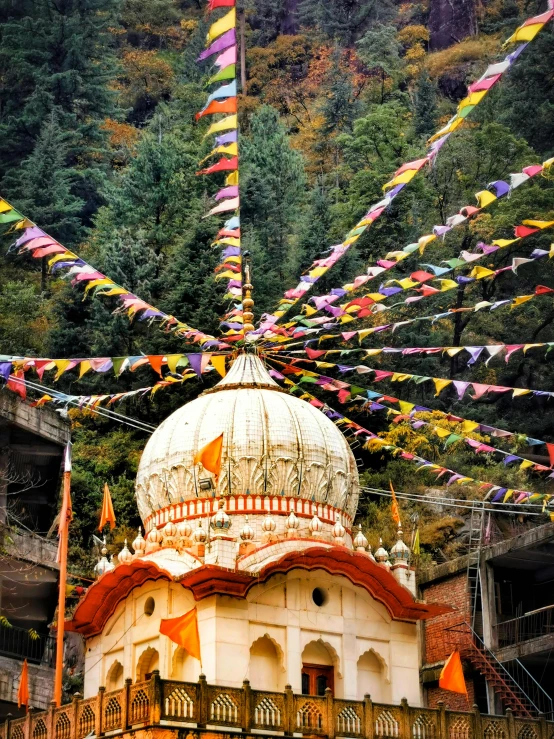 a group of people standing in front of a building, inspired by Jitish Kallat, pexels contest winner, samikshavad, uttarakhand, shrine, panoramic, autumn season