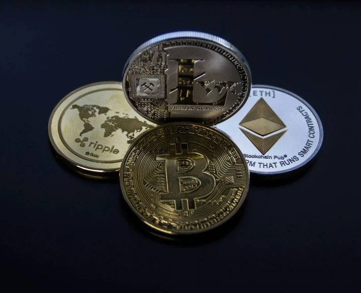 a bunch of bitcoins sitting on top of each other, a photo, by Adam Rex, pexels, renaissance, on a flat color black background, yin yang, taken from the high street, ethereum