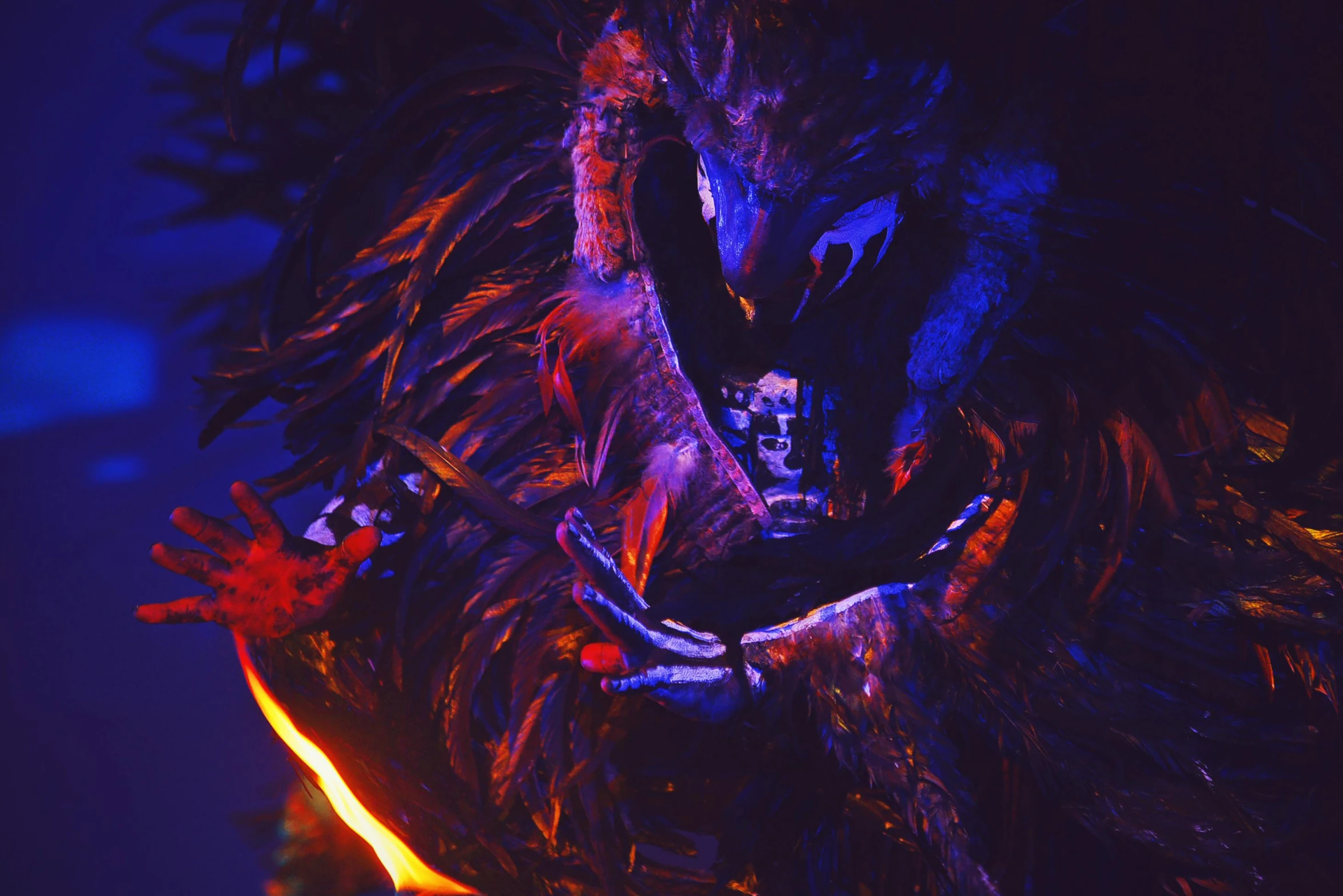 a close up of a person in a costume, an album cover, inspired by Harry Clarke, pexels contest winner, digital art, black aarakocra eagle warlord, glowing fire, volumetric octane render, octane render - n 9