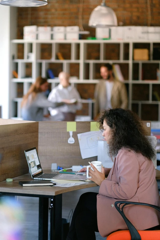 a woman sitting at a desk in an office, pexels contest winner, renaissance, cubical meeting room office, profile image, brown, in a open-space working space