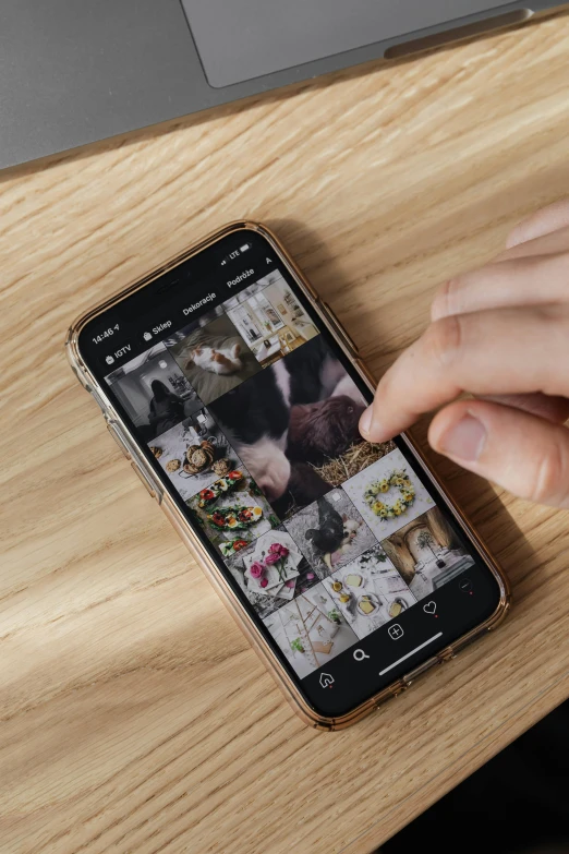 a person holding a cell phone on top of a wooden table, a picture, by Julia Pishtar, trending on pexels, everything fits on the screen, behance lemanoosh, album photo, brown