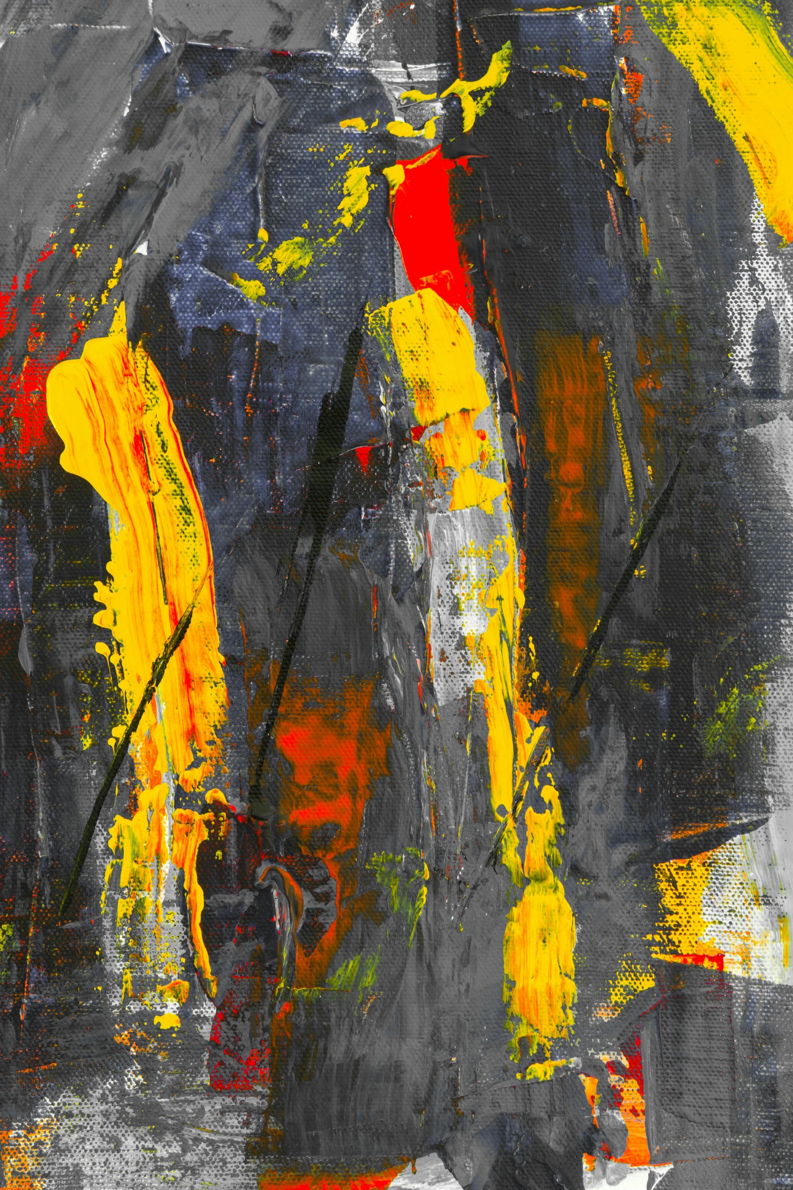 a painting with yellow and red paint on it, an abstract painting, inspired by Hans Hartung, reddit, abstract expressionism, dark grey and orange colours, ( ( abstract ) ), thick heavy impasto, abstract portrait