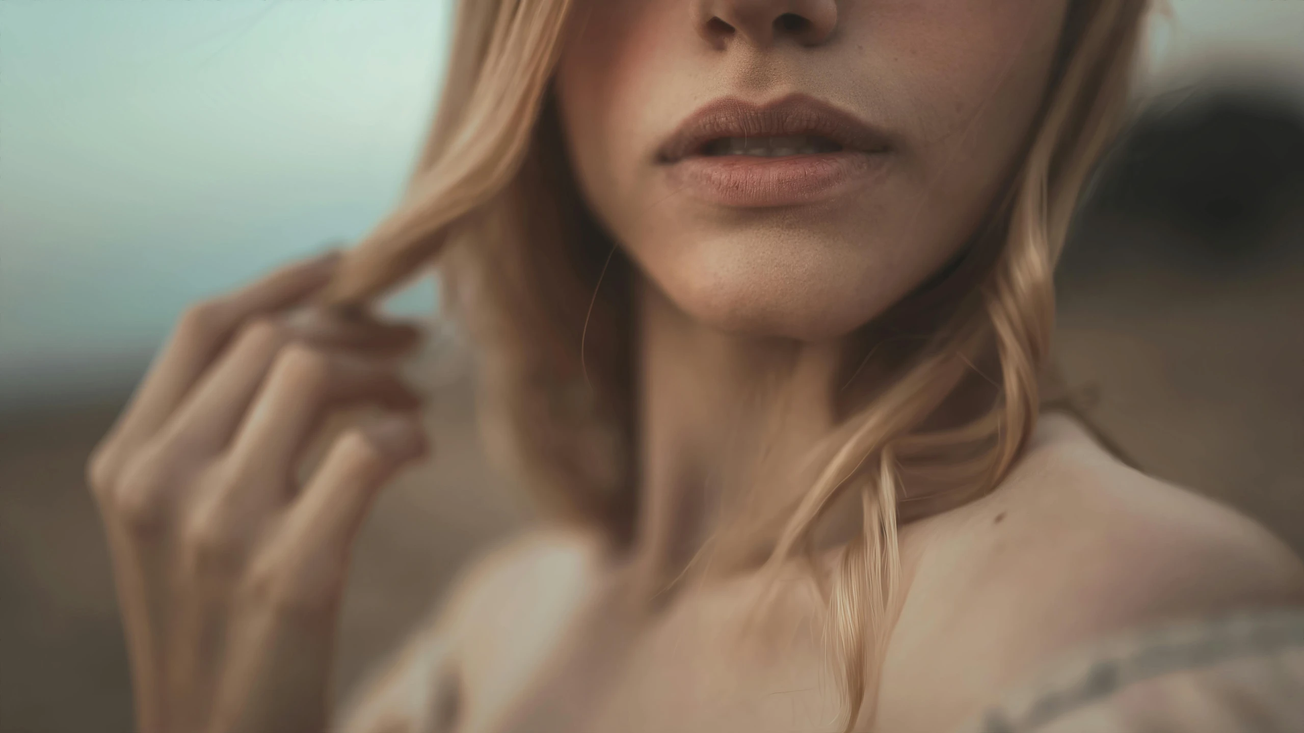 a close up of a woman with blonde hair, inspired by Elsa Bleda, trending on pexels, aestheticism, ethereal vaporous tan skin, sexy lips, close body shot, post processed