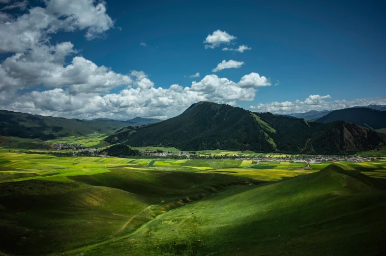 a green valley with mountains in the background, by Muggur, unsplash contest winner, renaissance, square, xiaoguang sun, big sky, diverse