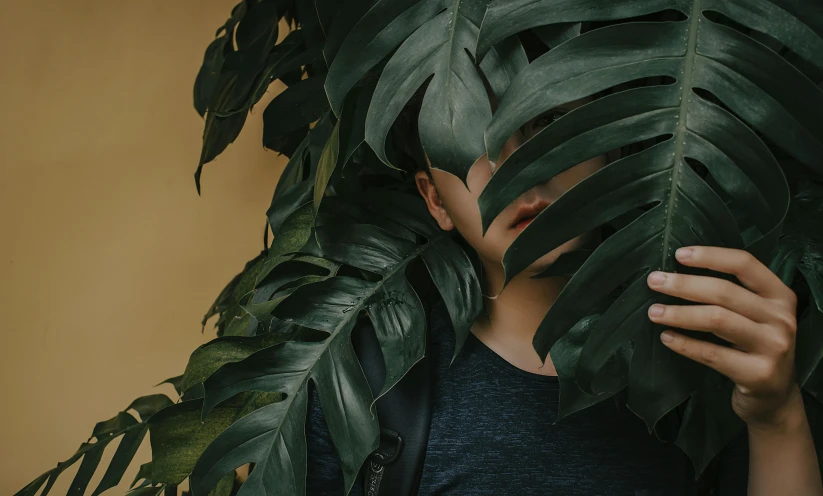 a woman holding a large leaf in front of her face, an album cover, inspired by Elsa Bleda, trending on pexels, a man wearing a backpack, asian male, unsplash 4k, dark visor covering eyes