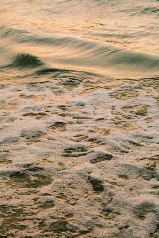 a man riding a wave on top of a surfboard, an album cover, inspired by Elsa Bleda, unsplash, tonalism, footprints in the sand, golden hour closeup photo, water caustics, ocean pattern