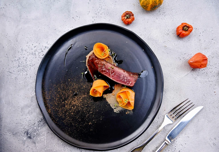 a plate that has some kind of food on it, pexels contest winner, baroque, dark grey and orange colours, duck, award - winning, highly capsuled