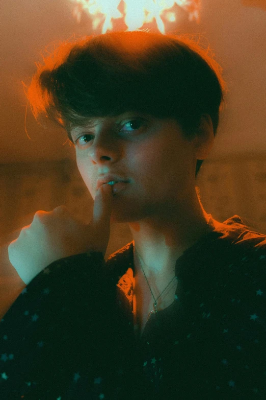 a woman smoking a cigarette in a dark room, an album cover, inspired by Elsa Bleda, pexels contest winner, renaissance, declan mckenna, sun behind him, grainy low quality, portrait of ((mischievous))