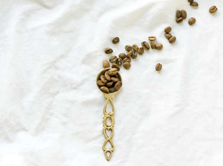 a spoon with coffee beans spilling out of it, pexels contest winner, art nouveau, on a white table, made of bronze, linen, thumbnail