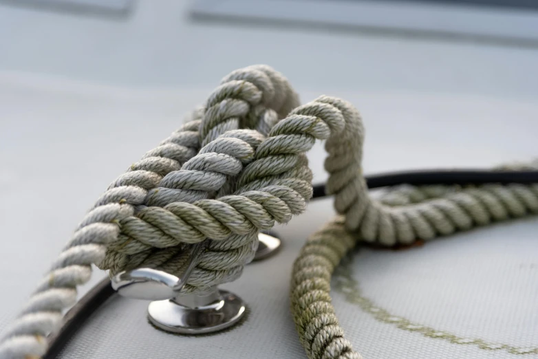 a close up of a rope on a boat, a macro photograph, inspired by Horatio Nelson Poole, unsplash, romanticism, silver，ivory, sage green, bespoke, stethoscope