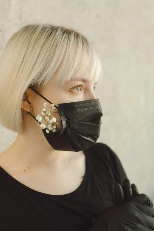 a woman wearing a black mask and gloves, by Nina Hamnett, earbuds jewelry, made of silk paper, japanese collection product, clear [[bronze]] face [mask]