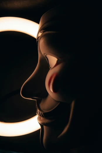 a close up of a person wearing a mask, inspired by Bálint Kiss, anonymous as a sausage, backlit ears, clown nose, shadowy informant