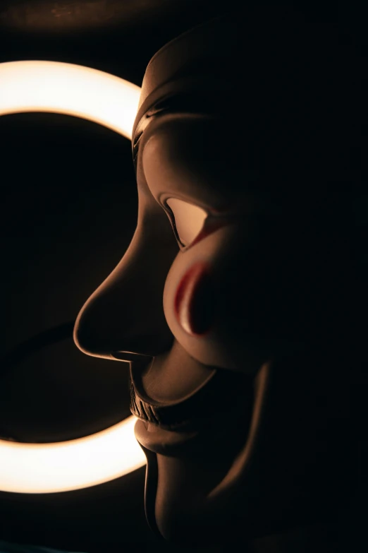 a close up of a person wearing a mask, inspired by Bálint Kiss, anonymous as a sausage, backlit ears, clown nose, shadowy informant