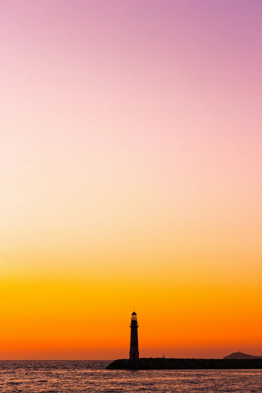 a lighthouse in the middle of the ocean at sunset, by Jacob Toorenvliet, trending on unsplash, postminimalism, gradient light yellow, vertical portrait, pink and orange, empire state building