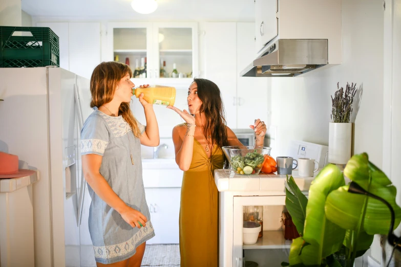 a couple of women standing next to each other in a kitchen, by Jessie Algie, pexels contest winner, happening, 🍸🍋, yellow and greens, licking out, fridge