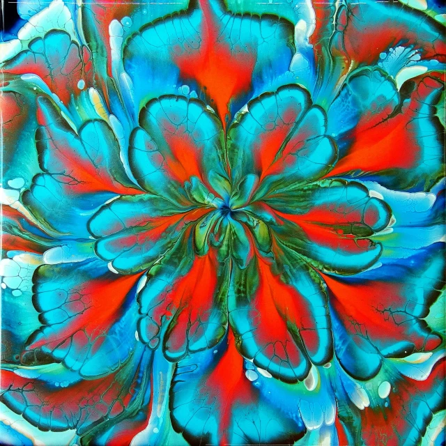 a painting of a blue and red flower, an airbrush painting, inspired by Penny Patricia Poppycock, metaphysical painting, 144x144 canvas, teal orange, marbling, highly detailed”