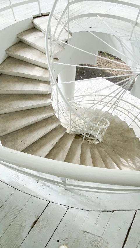 a close up of a spiral staircase in a building, pexels, bauhaus, soft white rubber, high angle view, thumbnail