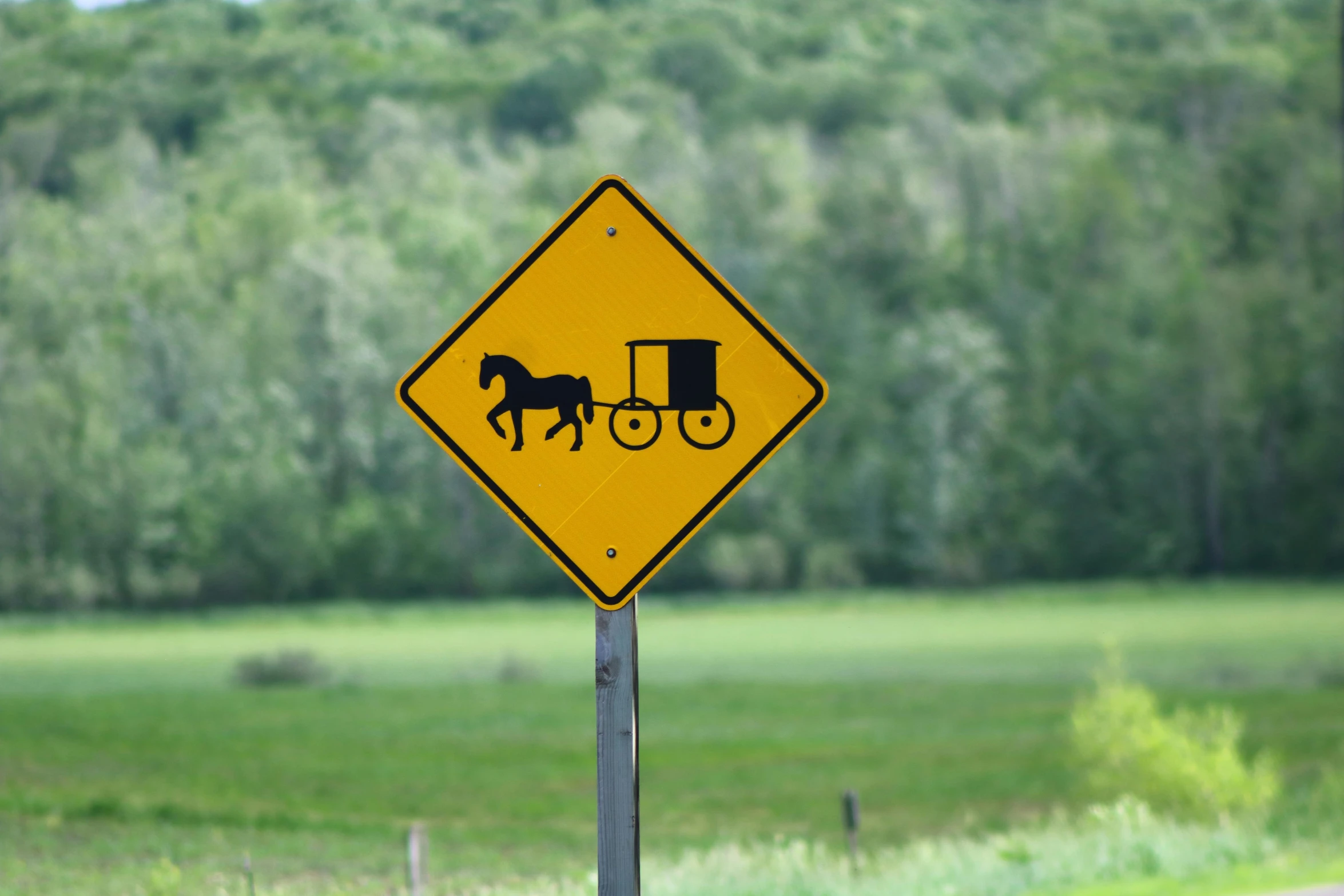 a yellow sign sitting on the side of a road, a picture, pixabay, folk art, buggy, square, with horse driven, getty images