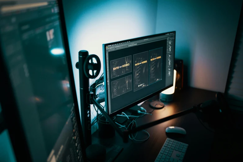 a computer monitor sitting on top of a wooden desk, a computer rendering, by Adam Marczyński, unsplash, game engine lighting, dark theme night time, everything fits on the screen, automated defence platform