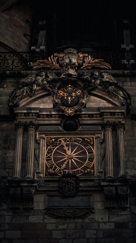 a large clock mounted to the side of a building, an album cover, by Thomas Wijck, pexels contest winner, baroque, dark majestic ornate great hall, unsplash 4k, kris kuksi, thumbnail