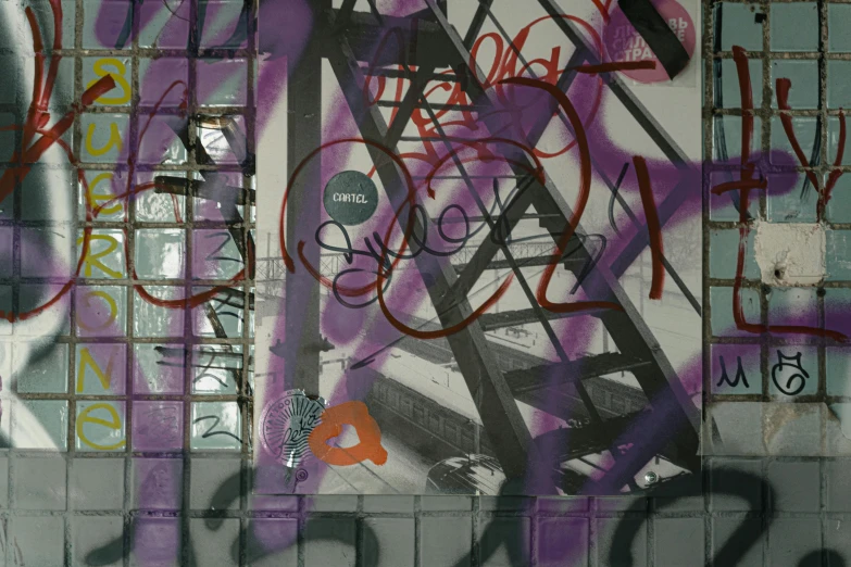 a wall that has some graffiti on it, an album cover, ((purple)), 2022 photograph, industrial, ladders