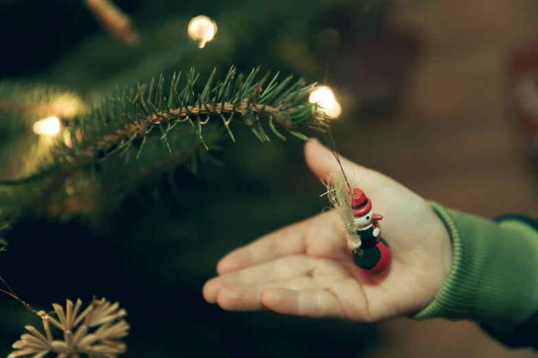 a close up of a person's hand near a christmas tree, pexels, avatar image, organic ornament, holding a stuff, wooden