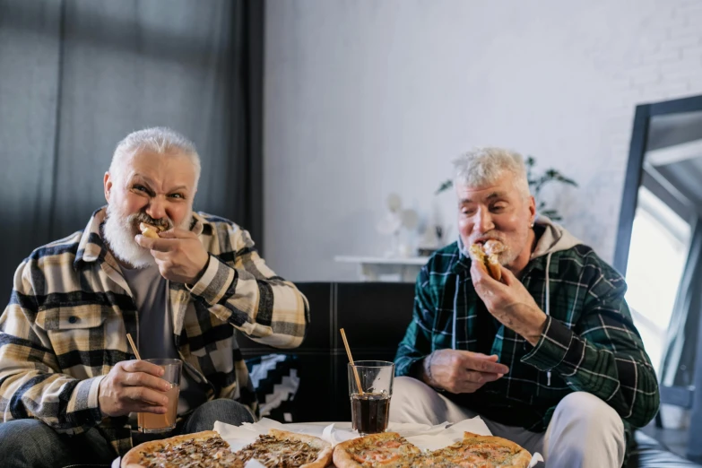 two older men sitting on a couch eating pizza, pexels contest winner, renaissance, avatar image, a salt&pepper goatee, people outside eating meals, two buddies sitting in a room