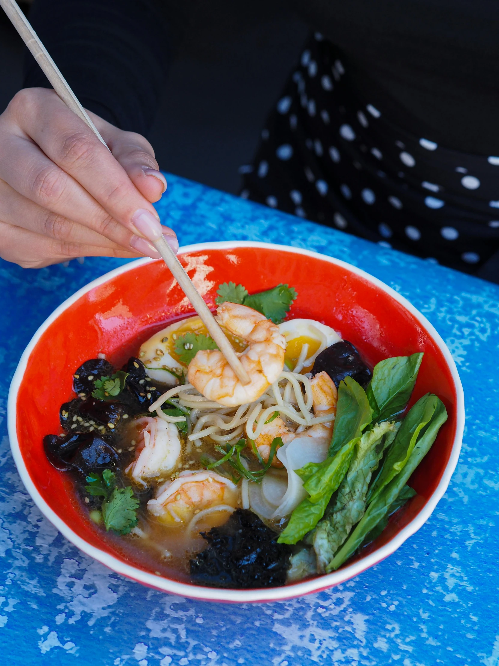 a person holding chopsticks over a bowl of food, square, oceanside, good soup, profile image