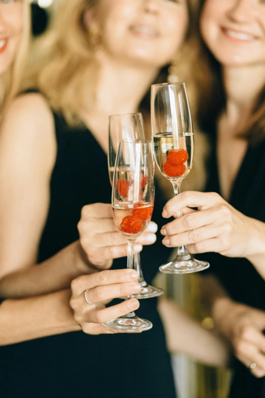 a group of women standing next to each other holding wine glasses, red caviar instead of sand, zoomed in, drinking champagne, profile image