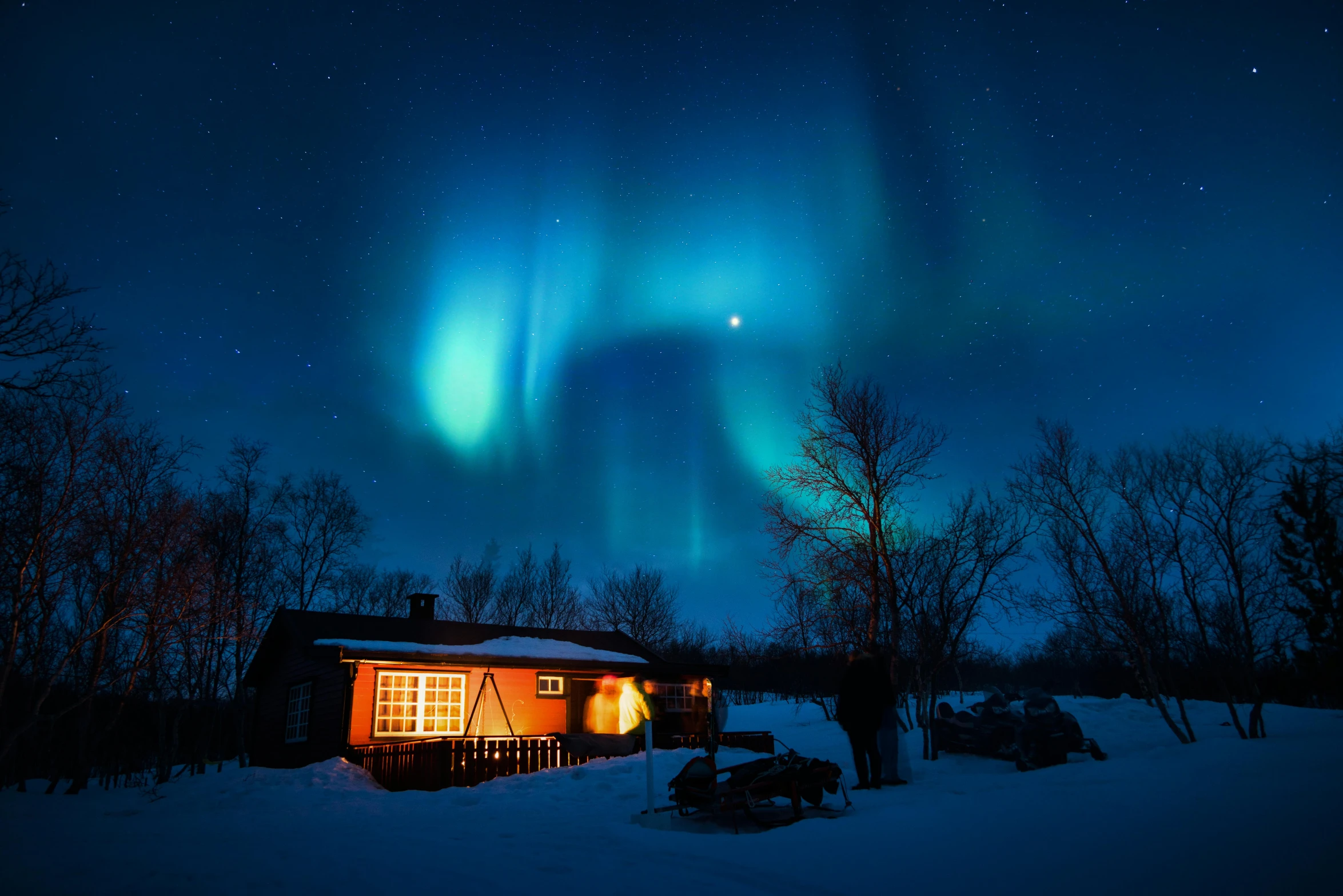 a cabin with the aurora lights in the sky, pexels contest winner, blue and red glowing lights, nuclear winter, instagram post, scandinavian