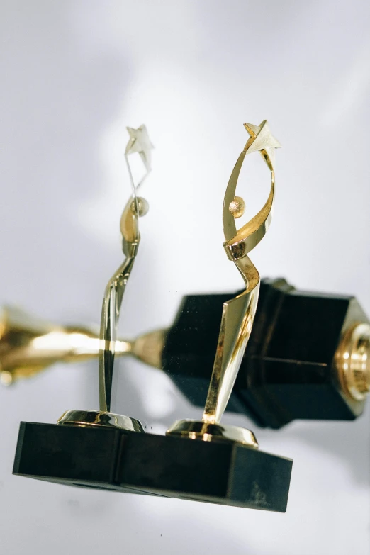 a couple of trophies sitting on top of a table, hollywood standard, gold and silver shapes, closeup of arms, award - winning design