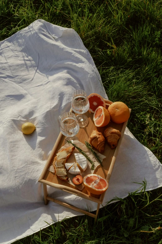 a tray of food sitting on top of a white towel, a still life, in a field, white and orange, drinks, linen