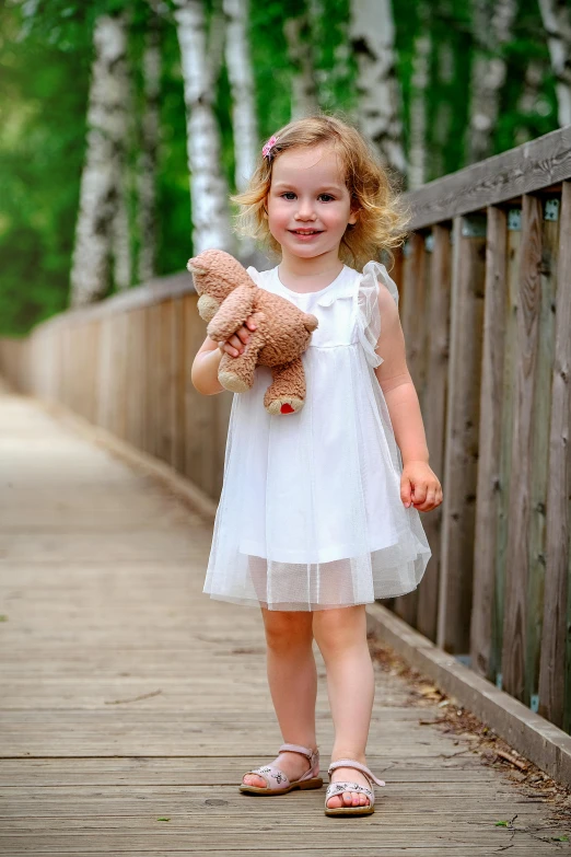 a little girl standing on a bridge holding a teddy bear, inspired by Sophie Anderson, pexels, wearing heels and white dress, award winning candid photography, a handsome, sheer