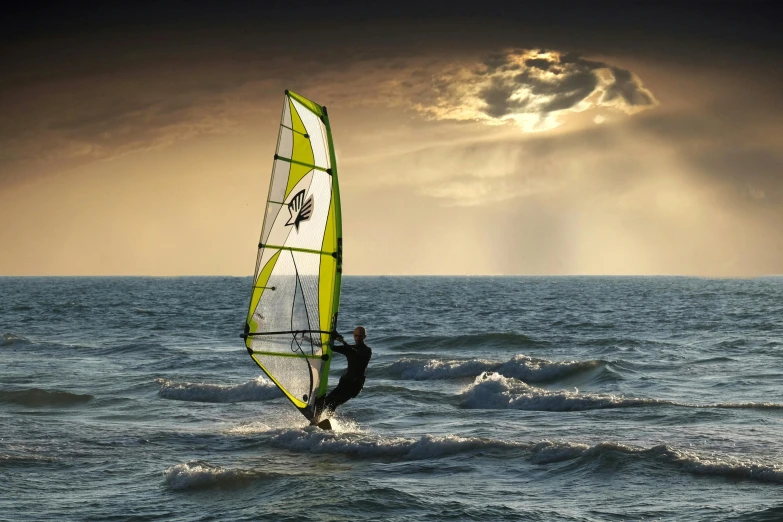 a person windsurfing in the ocean on a cloudy day, by Eglon van der Neer, pixabay contest winner, romanticism, avatar image, evening at dusk, on a sunny day, profile image